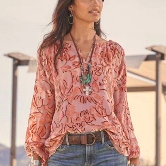 Sundance Tops - Sundance Eloise Burn Out Velvet Ruffled Bell Sleeve Blouse Size L